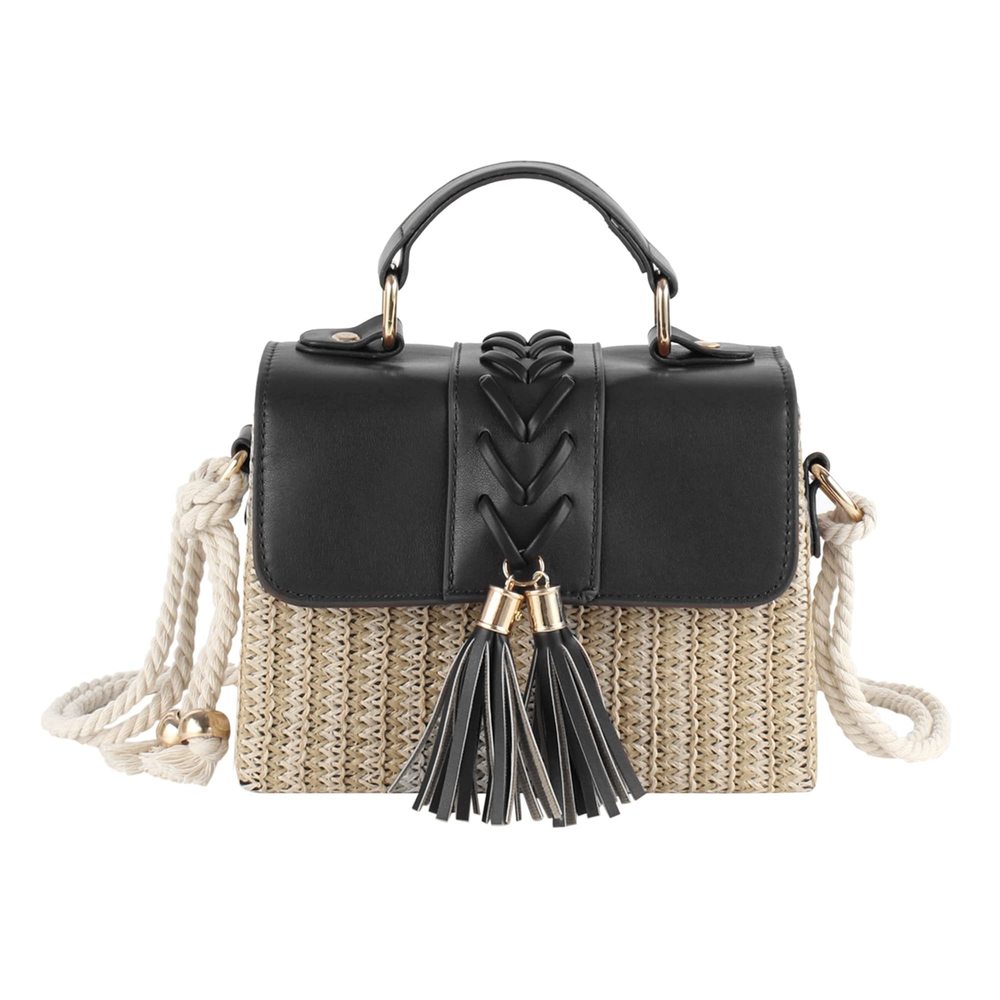 Mini Braided Tassels Straw Woven Cross-Body Bag Pu Leather Flap -_-
